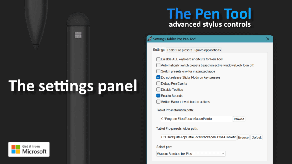 The pen tool surface pen Settings panel